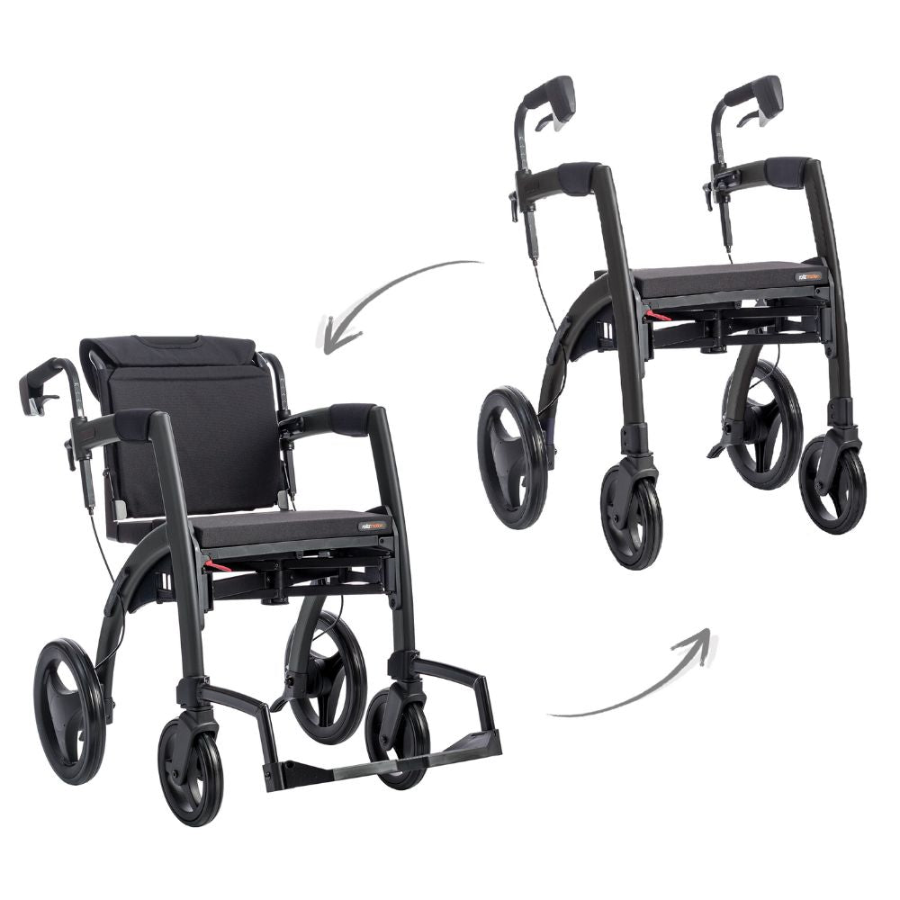 Rollz Motion Rollator Walker-Wheelchair Combo Matte Black