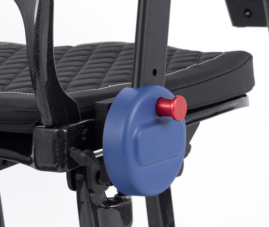 Close-up of Genie Ultralight pin-release mechanism for the new fold-down armrests