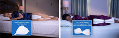 Side-by-side comparison of one Legacy Leg Pillow between the knees and two connected pillows providing full-leg support.
