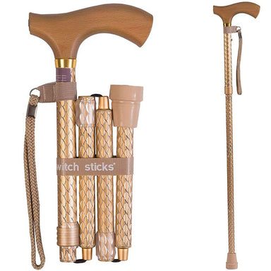 Collapsible walking stick with wooden handle and braided design, shown both folded and extended on a white background.