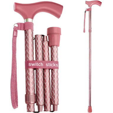 Pink walking cane with patterned design and 'switch sticks' branding on a white background