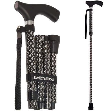 Collapsible walking cane with patterned handle and black shaft, featuring 'switch sticks' branding.