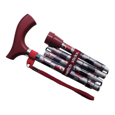 Collapsible walking stick with red handle and grip on a white background