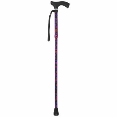 Black walking cane with colorful pattern on a white background
