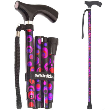 Collapsible walking cane with colorful pattern and 'switch sticks' branding on a white background