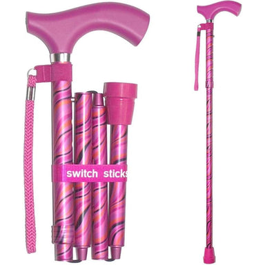 Pink walking cane with switch stick mechanism on a white background
