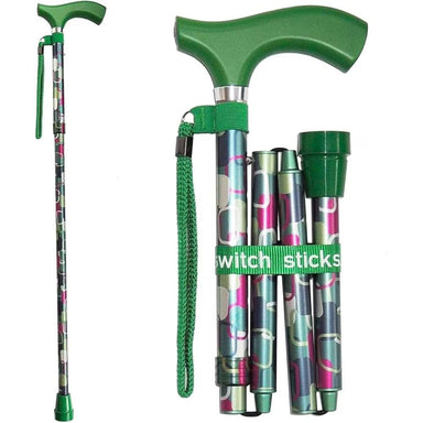 Collapsible walking stick with floral pattern and green handle on a white background
