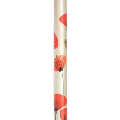 Tall cylindrical object with red floral patterns on a white background