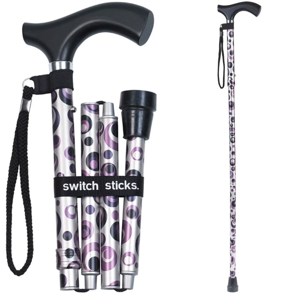 Collapsible walking stick with patterned design and 'switch sticks' branding on a white background