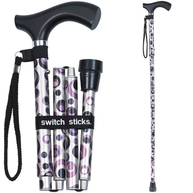 Collapsible walking stick with patterned design and 'switch sticks' branding on a white background