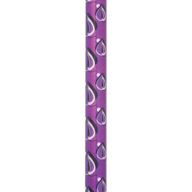 Purple pencil with black and white teardrop pattern on a white background