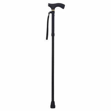 Black adjustable walking cane on a white background