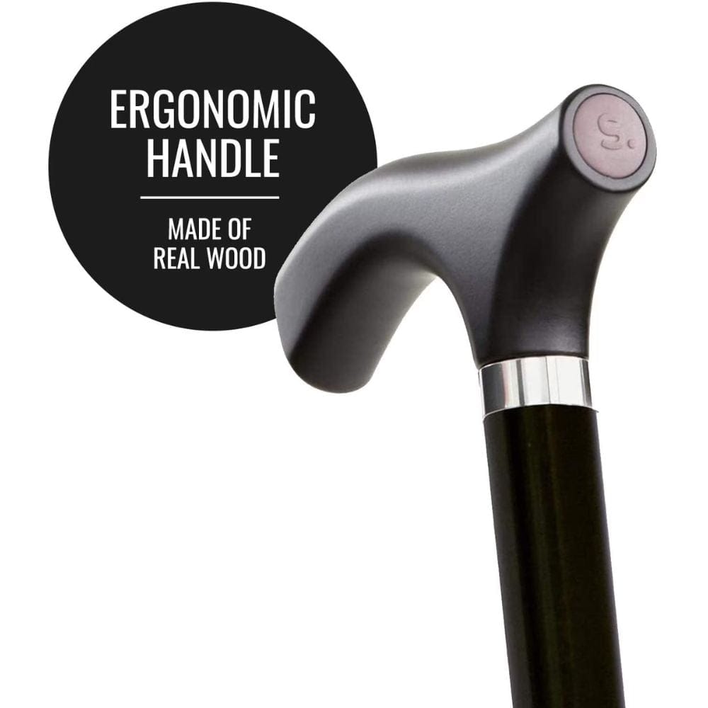 Ergonomic handle of a walking cane with text indicating it is made of real wood.