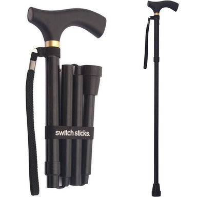 Collapsible walking cane with adjustable height on a white background, branded 'switch sticks'.