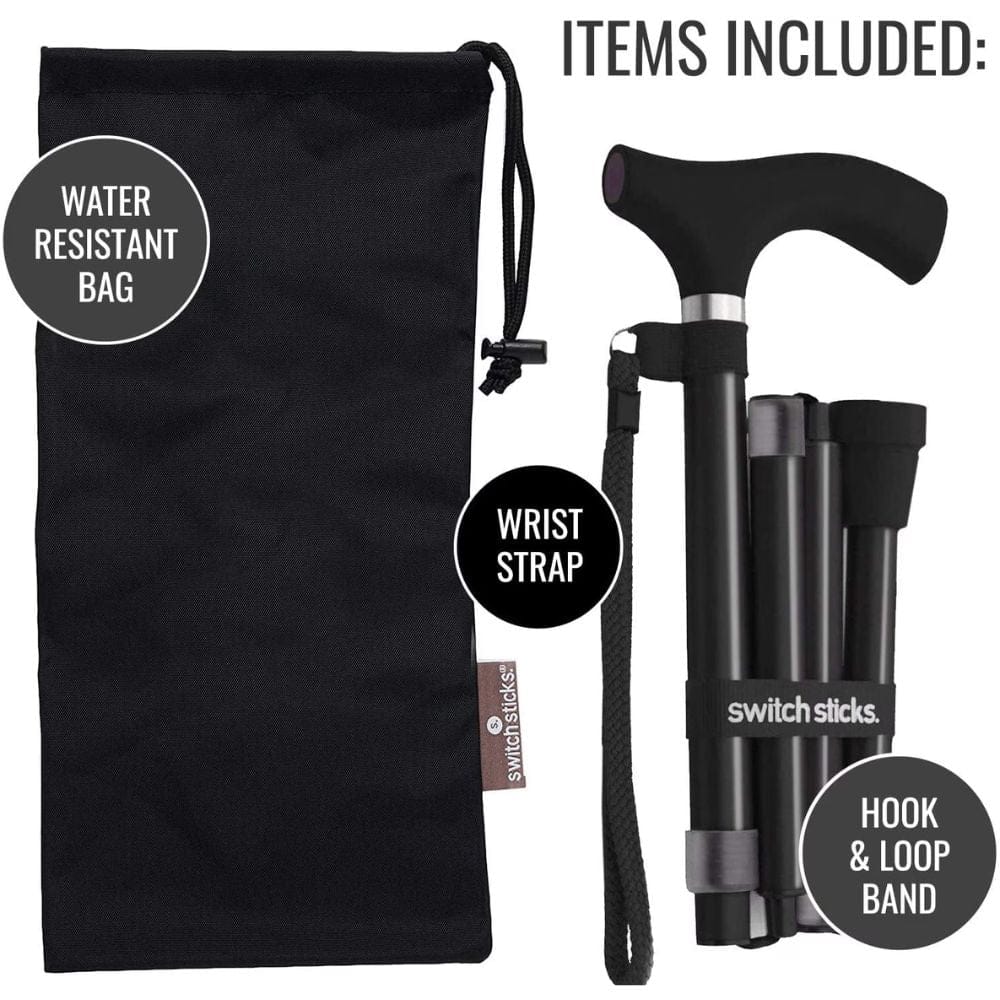 Black walking cane with wrist strap, water-resistant bag, and hook & loop band on a white background.