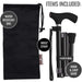 Black walking cane with wrist strap, water-resistant bag, and hook & loop band on a white background.