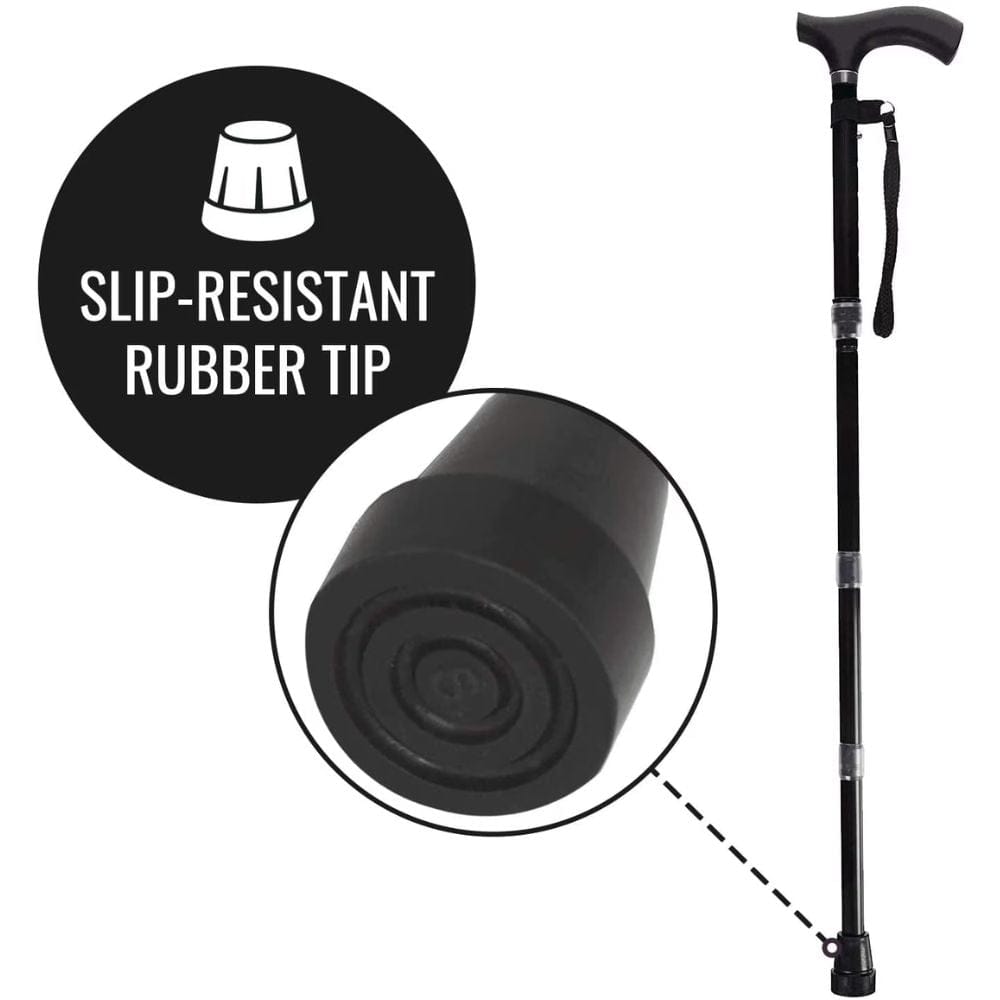 Black walking cane with slip-resistant rubber tip on a white background