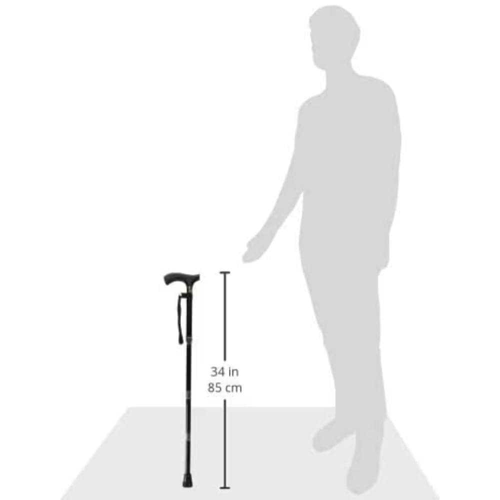 Silhouette of a person with a walking cane and measurement details on a white background