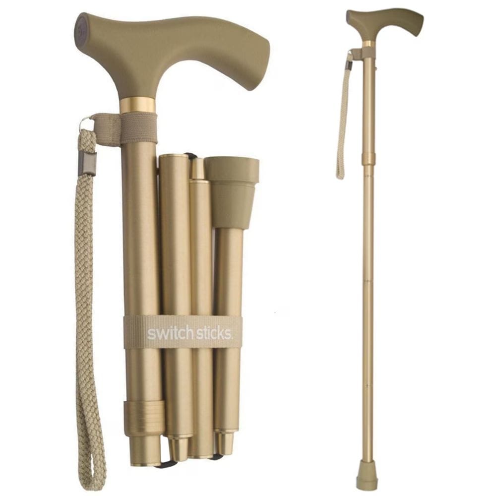 Collapsible walking cane with adjustable height on a white background, featuring the brand 'switchsticks'.