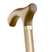 Gold-colored walking cane with a purple handle on a white background