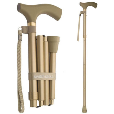 Collapsible walking cane with adjustable height on a white background, featuring the brand 'switchsticks'.