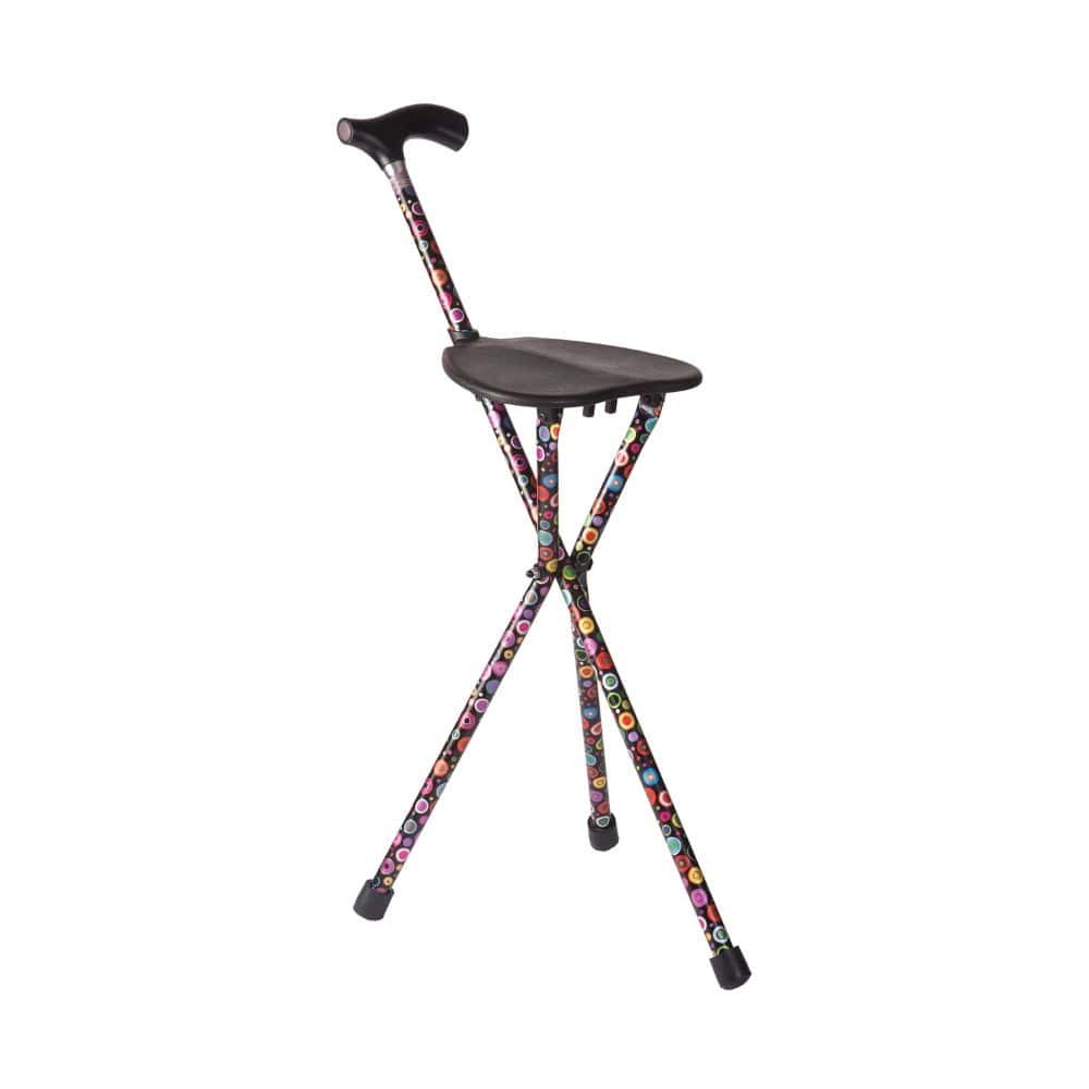 Colorful walking stick with a seat on a white background