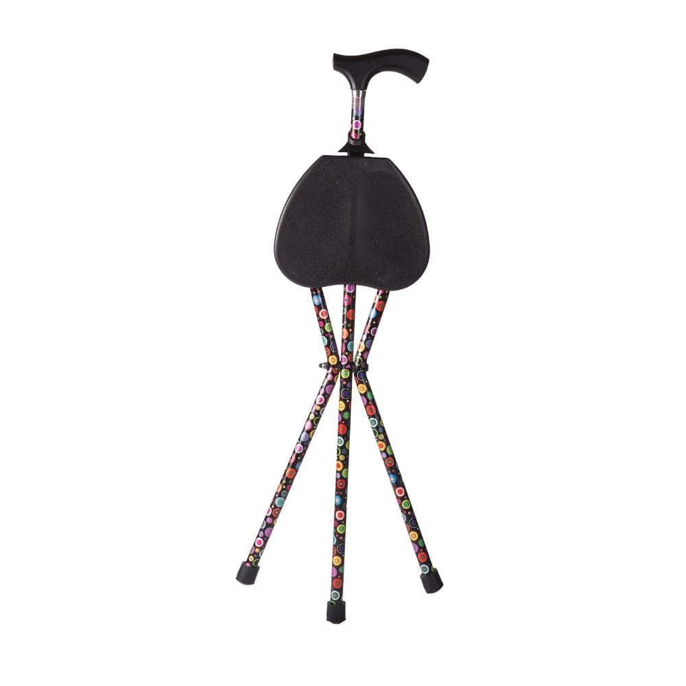 Colorful walking stick with a black handle on a white background