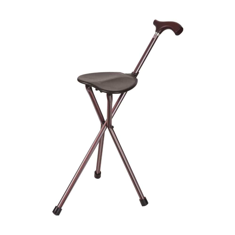 Brown walking cane with attached seat on a white background