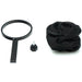 Black magnifying glass, black mesh bag, and black cap on a white background