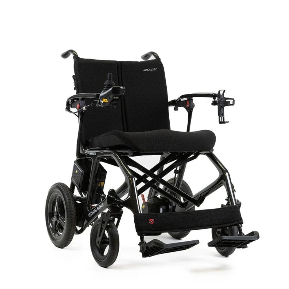 Black electric wheelchair on a white background