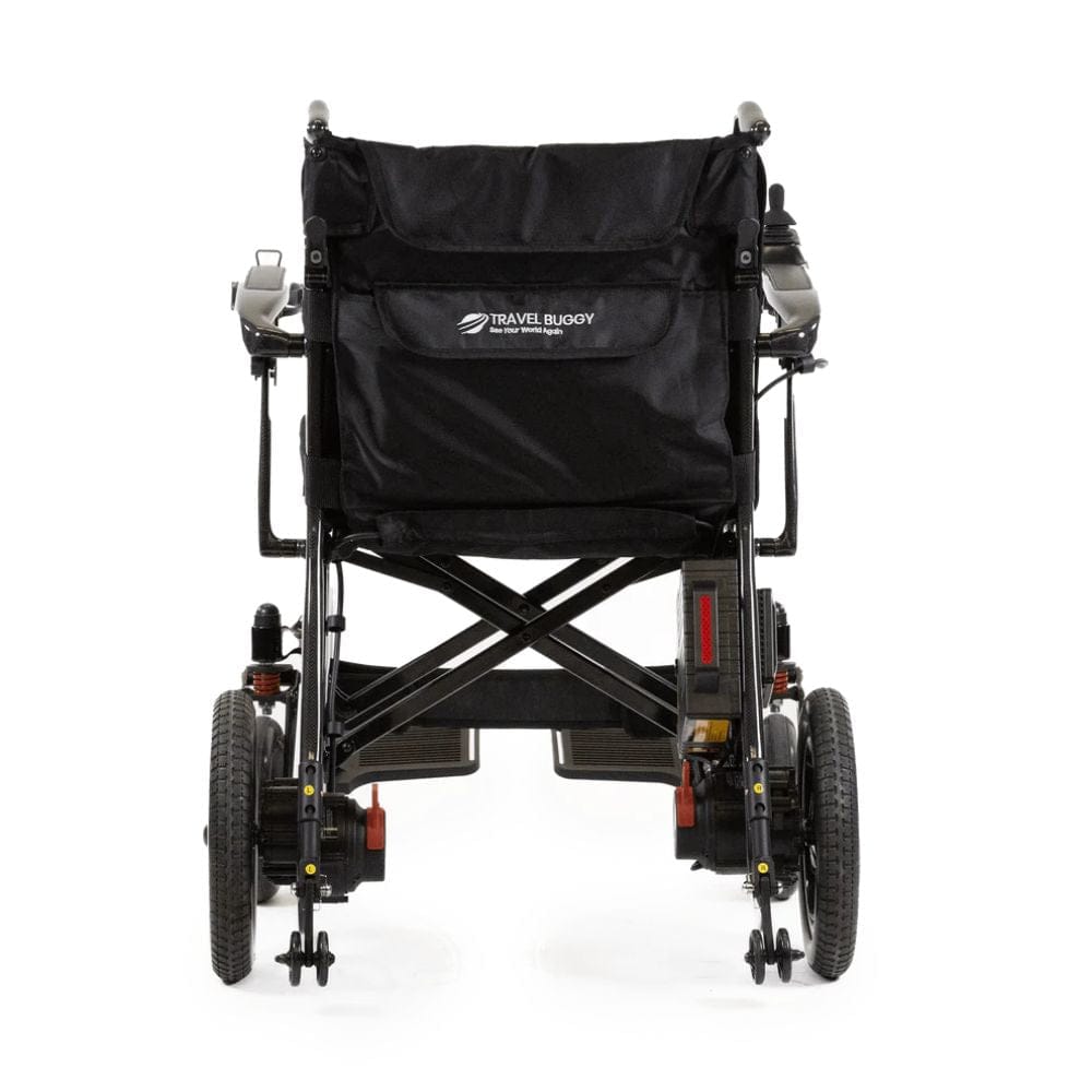 Black travel wheelchair with visible branding on a white background