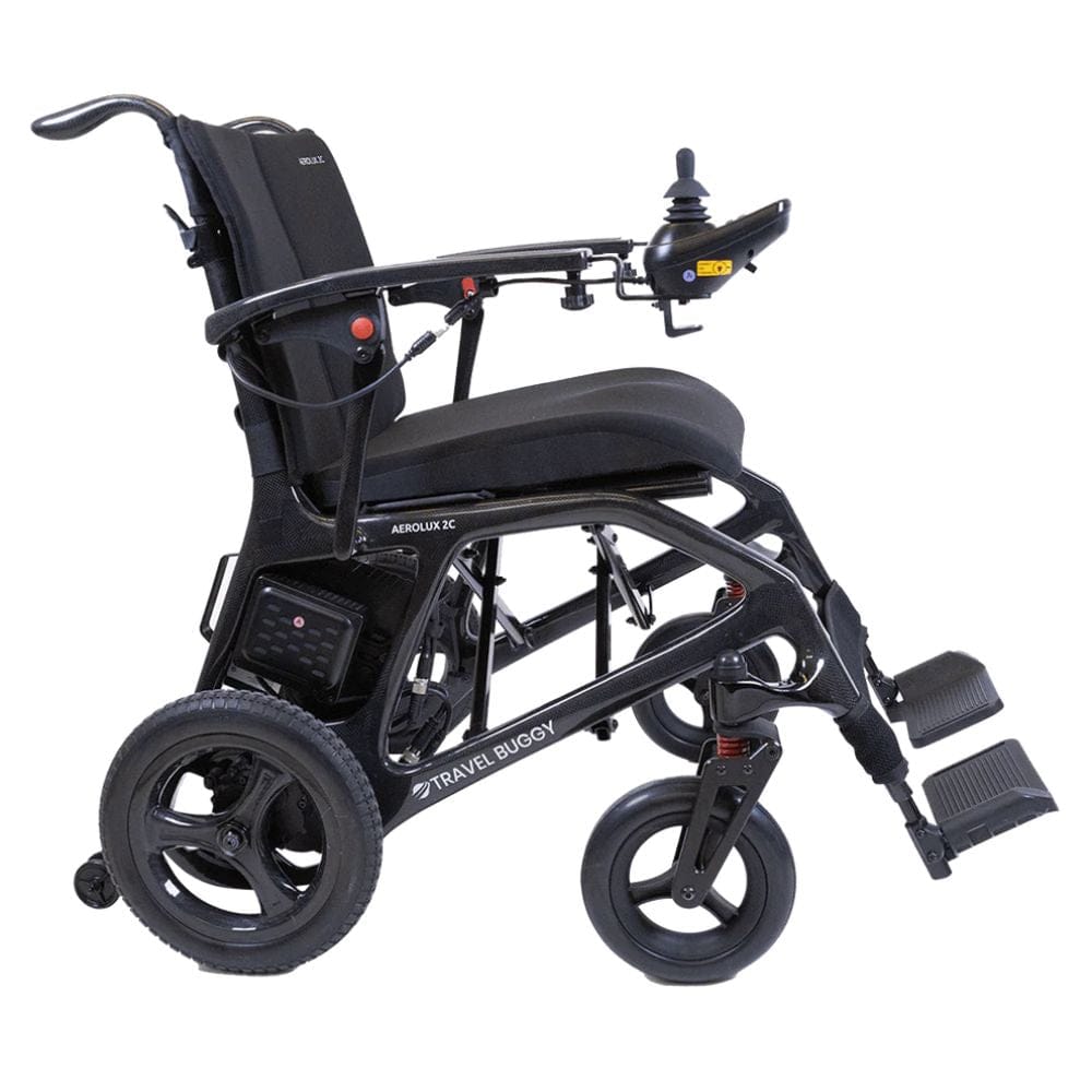 Black electric wheelchair with 'Travel Buggy' branding on a white background