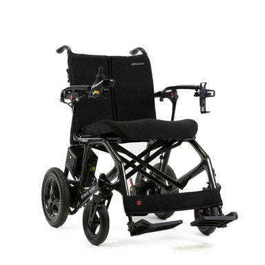 Black electric wheelchair on a white background