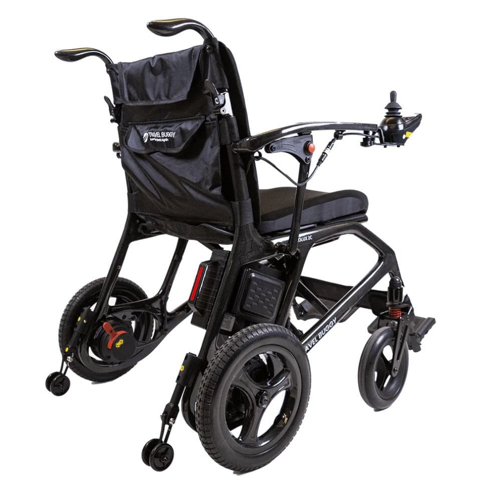 Black electric wheelchair with a bag on a white background