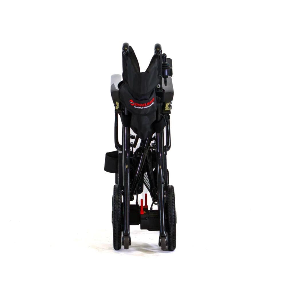 Black stroller with red branding on a white background