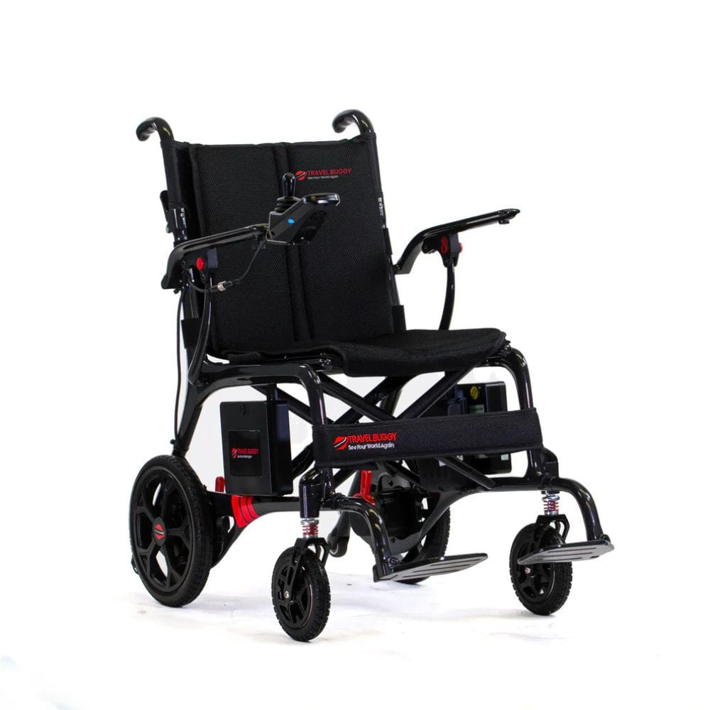 Black electric wheelchair with visible branding on a white background
