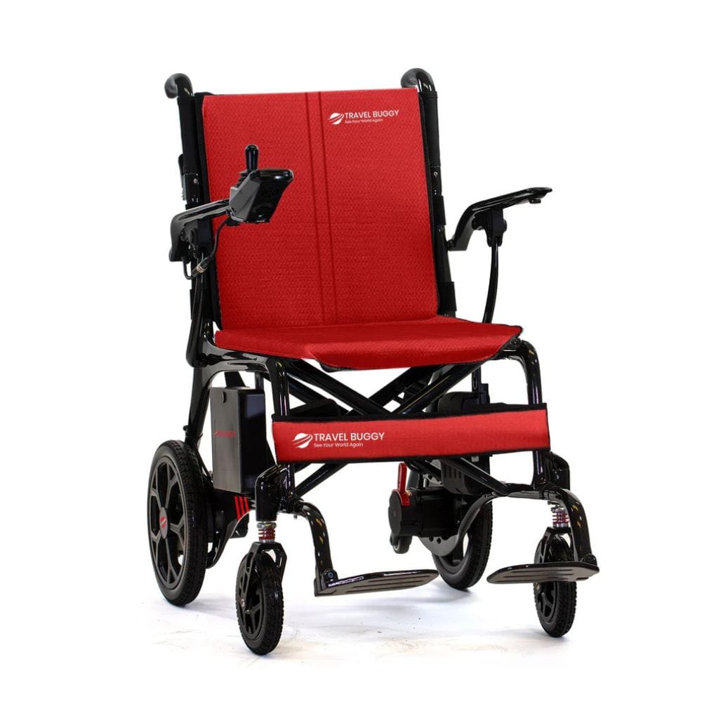 Red and black travel buggy chair on a white background