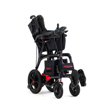 Black and red stroller with folded seat on a white background