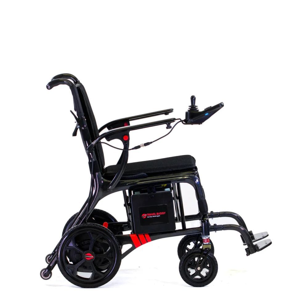 Black electric wheelchair with visible branding on a white background