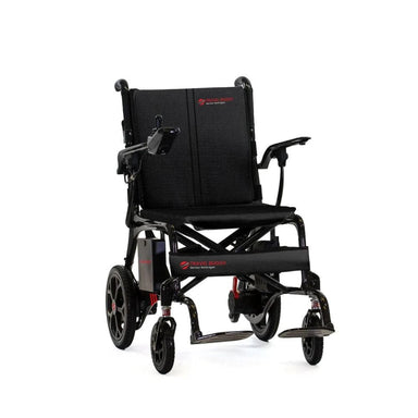 Black manual wheelchair with visible branding on a white background