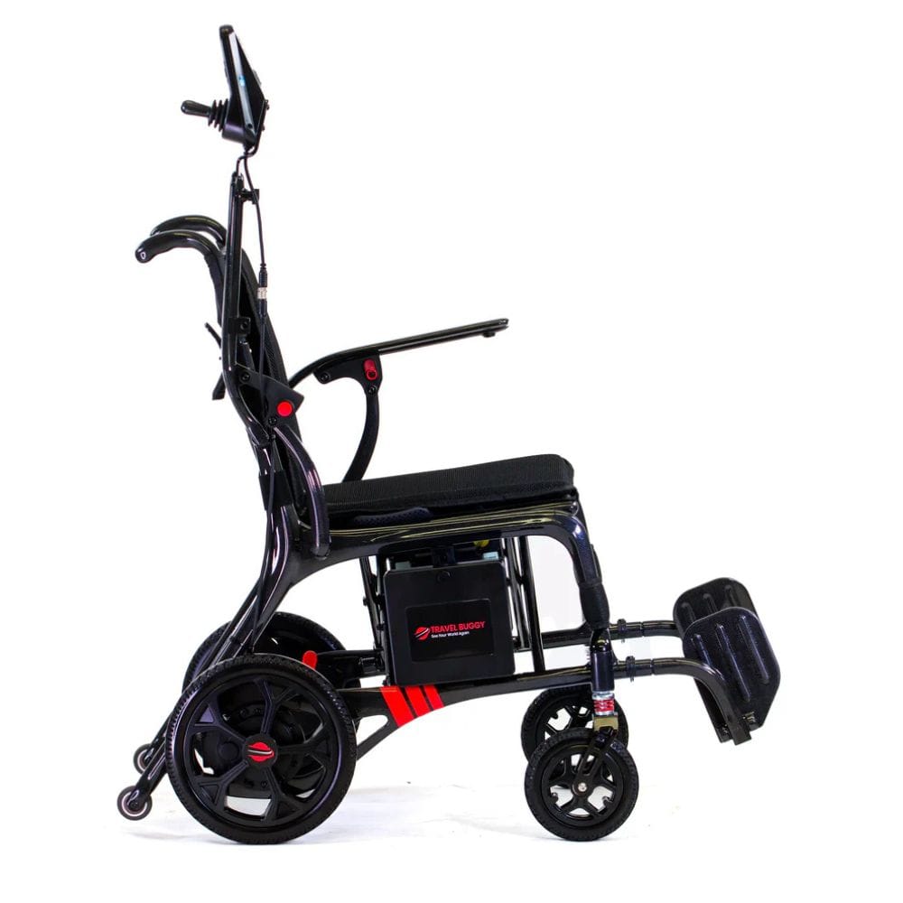 Black electric wheelchair with red accents on a white background