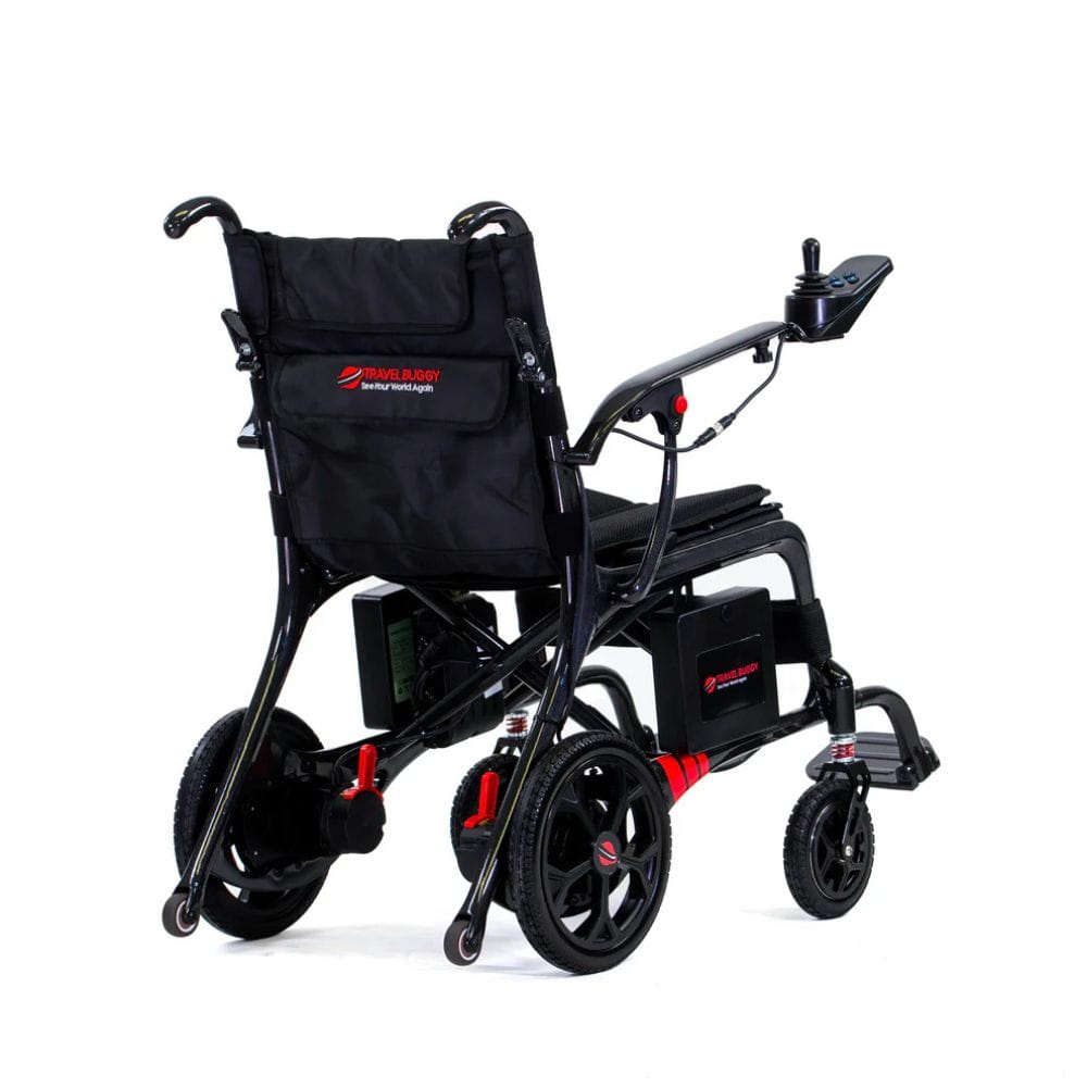Black electric wheelchair with visible branding on a white background
