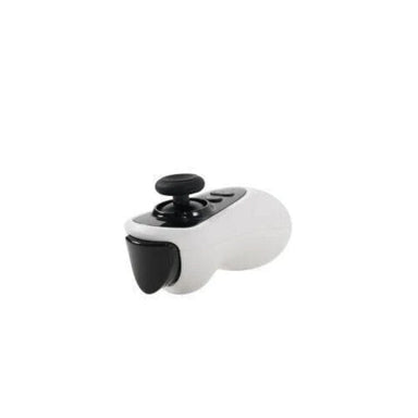 White gaming controller with black joystick on a white background