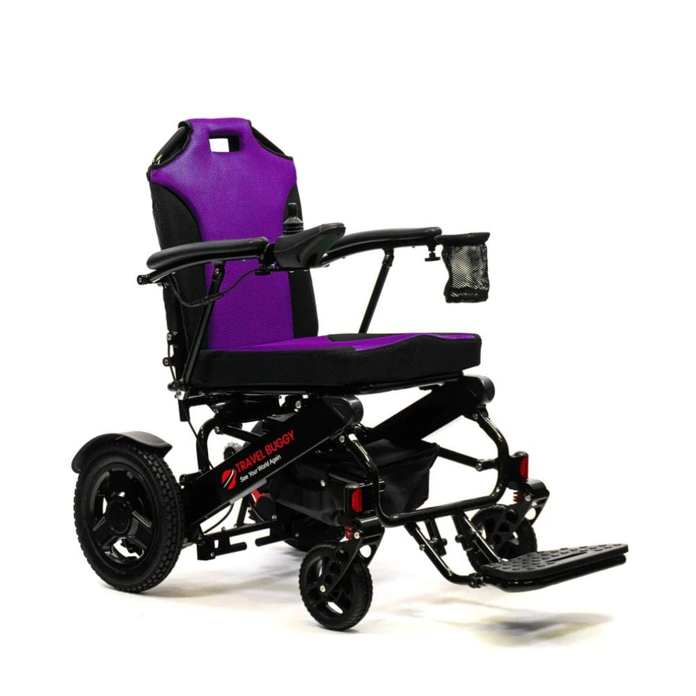 Purple and black electric wheelchair on a white background
