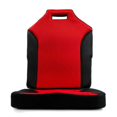 Red and black seat cushion with handle on a white background