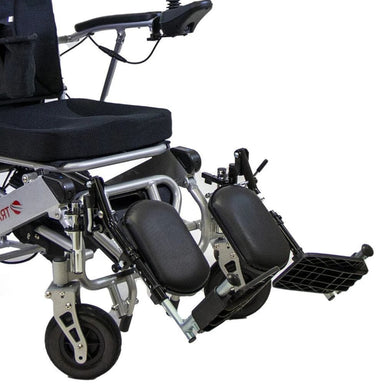 Electric wheelchair with footrests and a basket on a white background