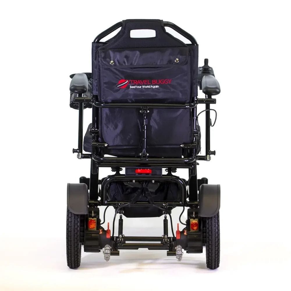 Black electric wheelchair with a bag on a white background