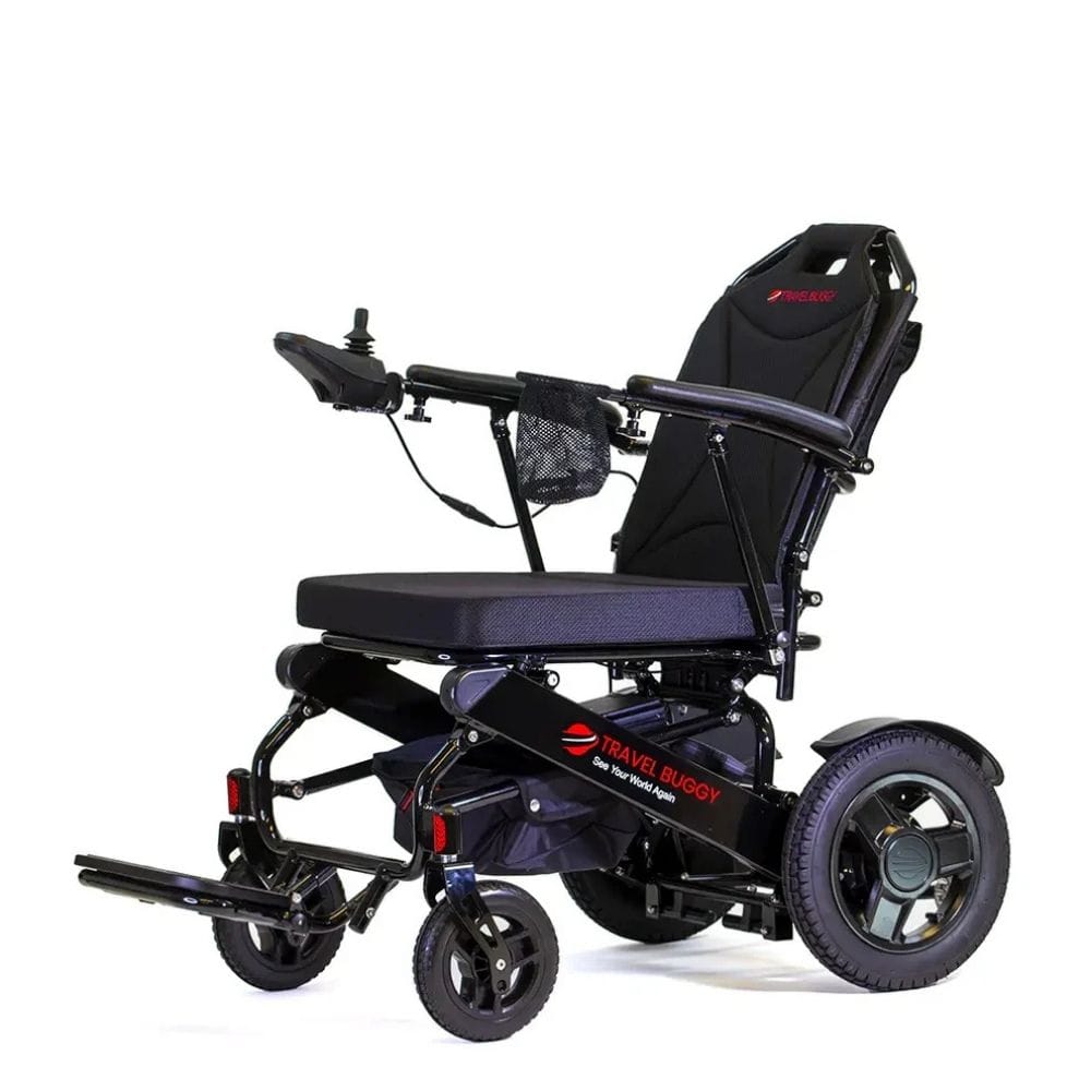 Black electric wheelchair with 'Travel Buddy' branding on a white background