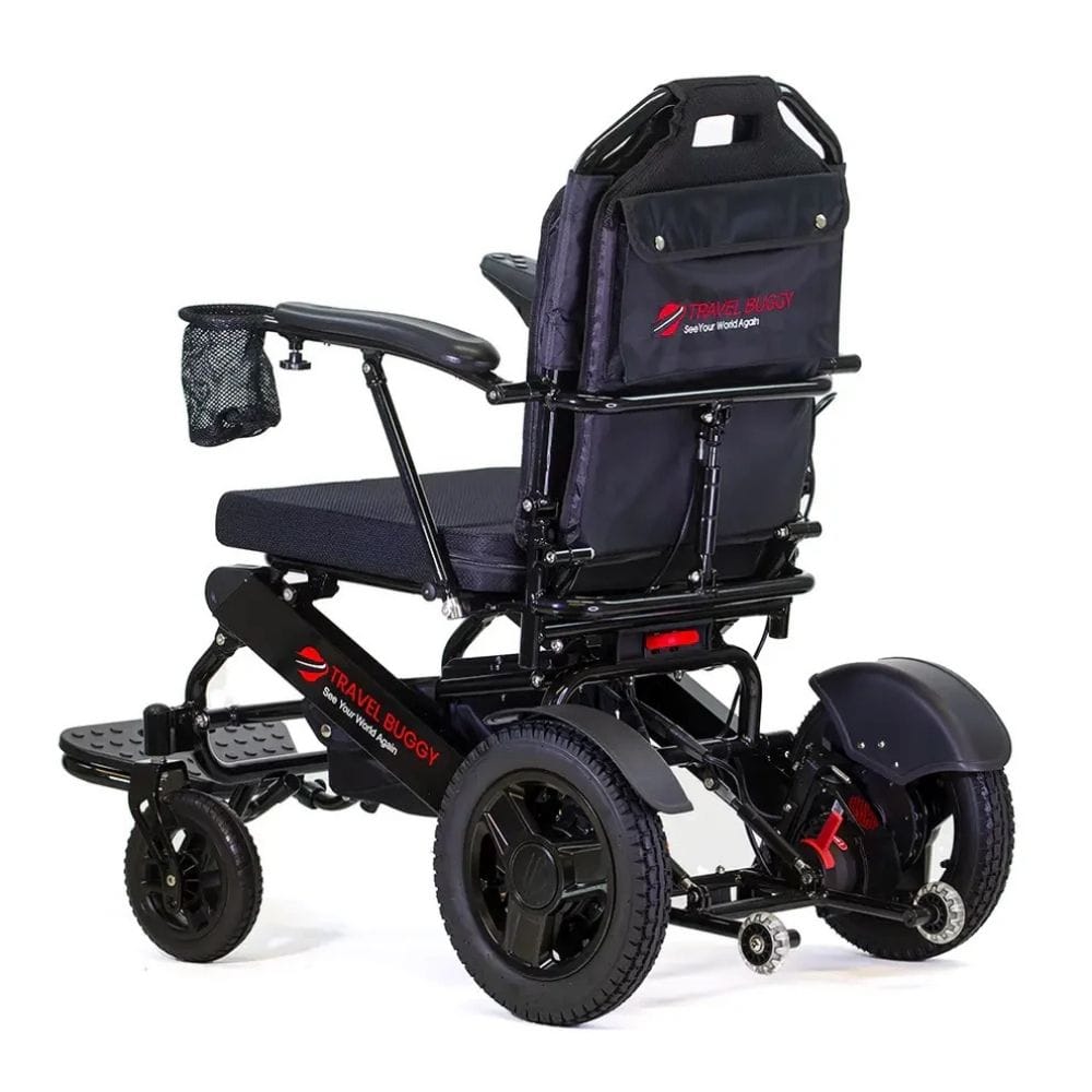 Black electric wheelchair with visible branding on a white background