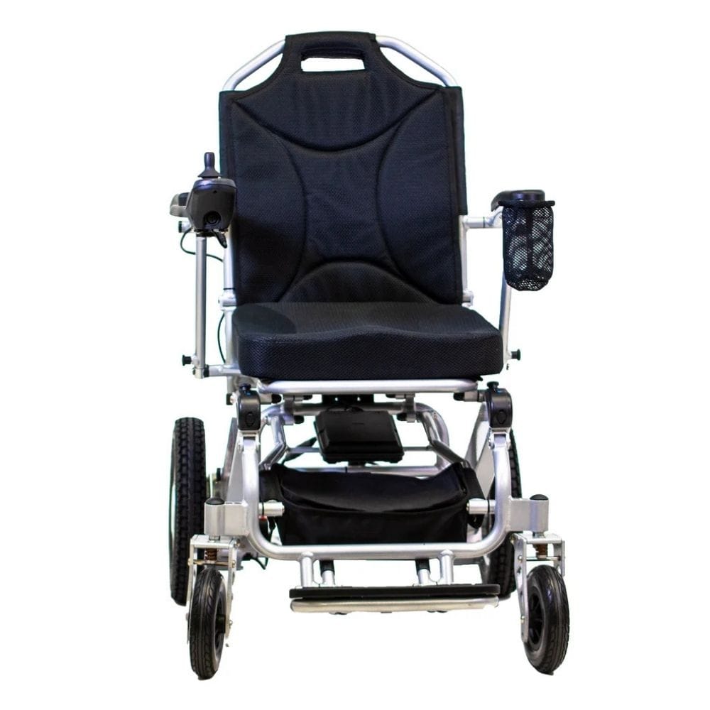 Electric wheelchair with black seat and silver frame on a white background